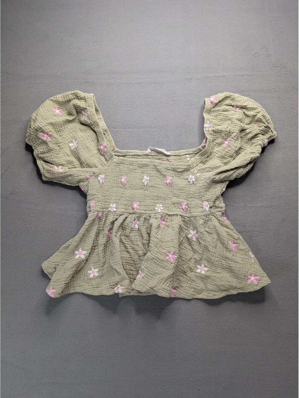 Altar'd State Blouse Womens L Green Floral Embroidered Puff Sleeve Crop Top